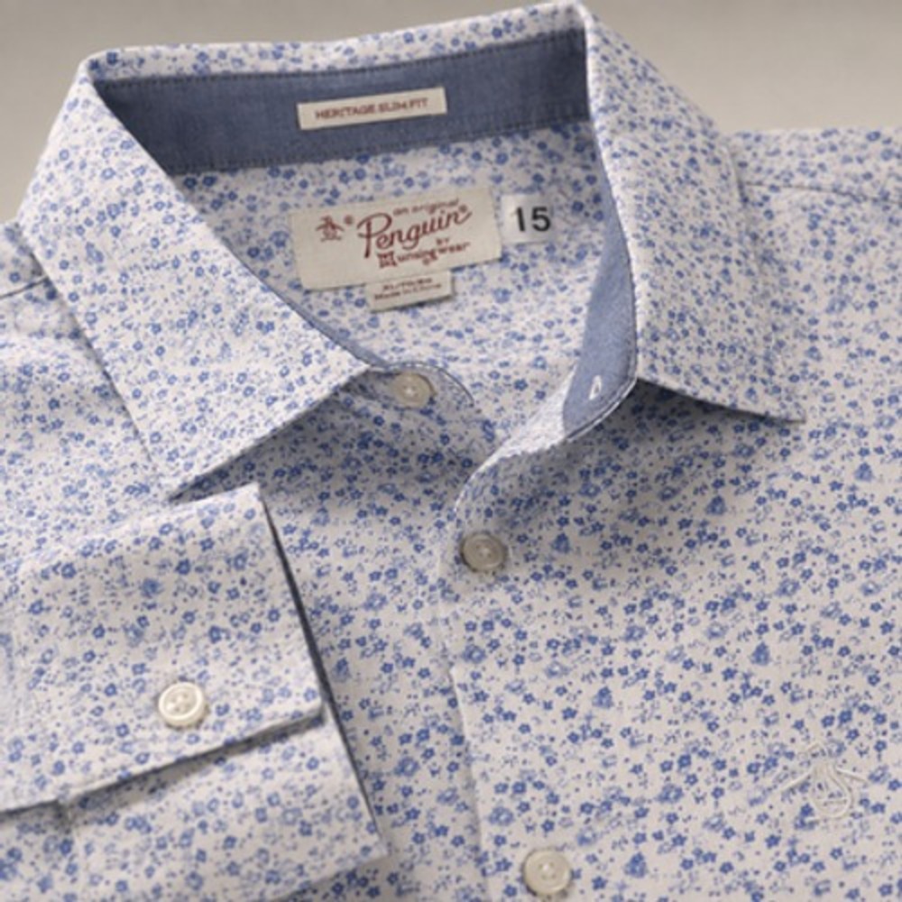 Original Penguin Mens XL White Floral Cotton Slim Fit Long Sleeve Button Up